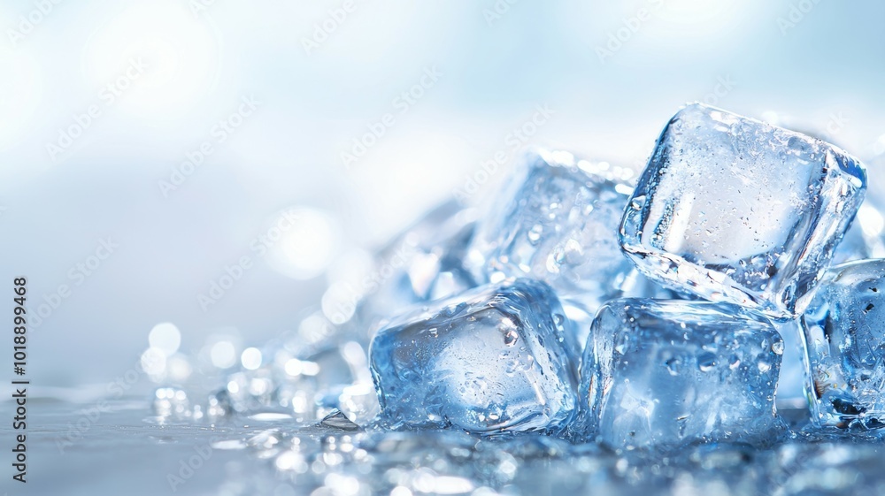 Poster clear ice cubes glistening in soft light on a reflective surface with a blurred background