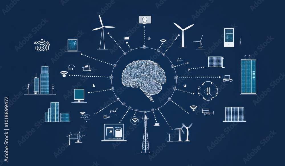 Poster digital brain and various icons representing smart grid, digital twin technology, robotic arms for e