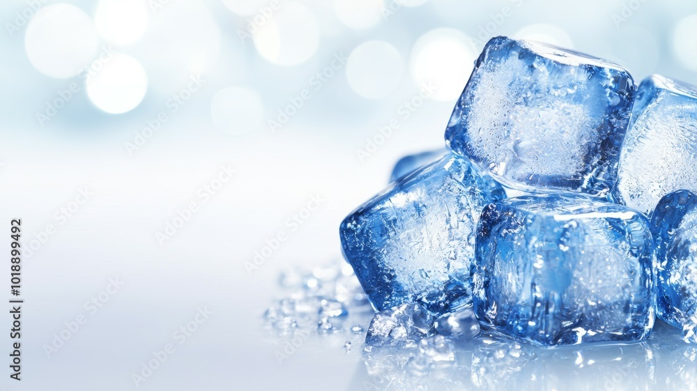 Poster ice cubes glistening on a reflective surface, capturing light in a cool and refreshing setting