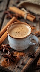 Cup of steaming coffee surrounded by cinnamon sticks and star anise on a rustic wooden table