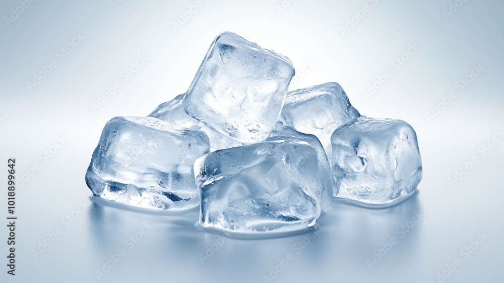 Poster clear ice cubes stacked together on a smooth surface illuminated by soft blue light in a minimalist 