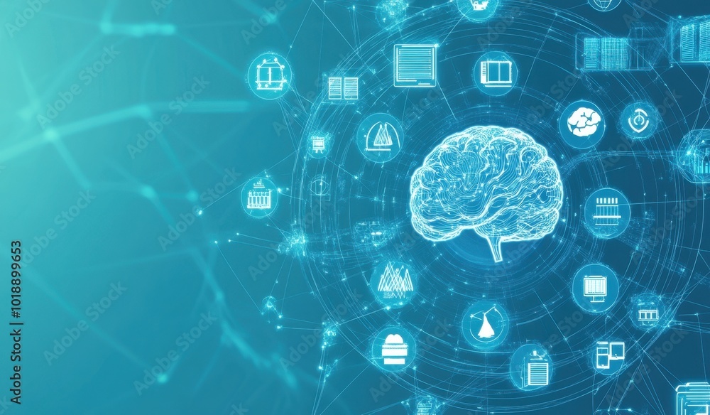 Poster a blue background with icons of digital technology, artificial intelligence, and other modern techno