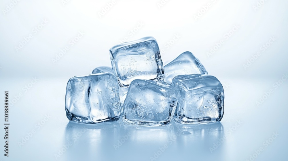 Poster clear ice cubes arranged on a smooth surface reflecting soft blue light in a minimalist setting