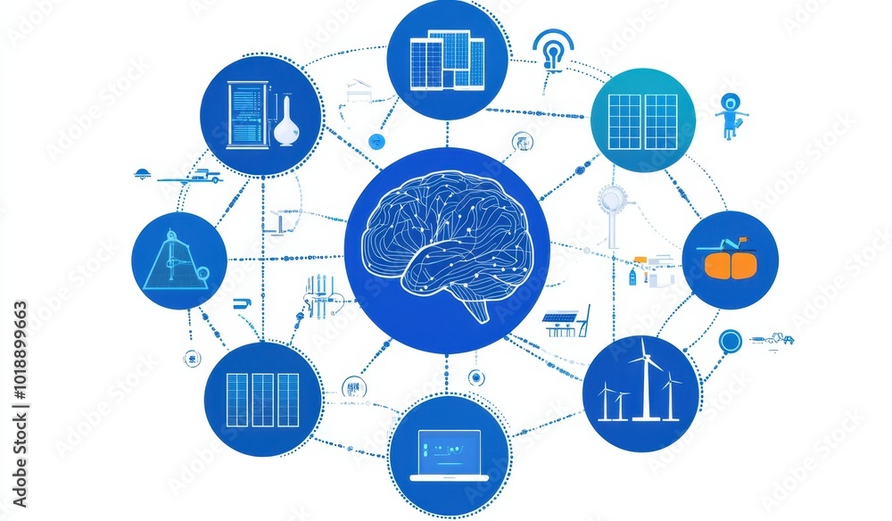 Poster a blue background with icons of digital technology, artificial intelligence, and other modern techno
