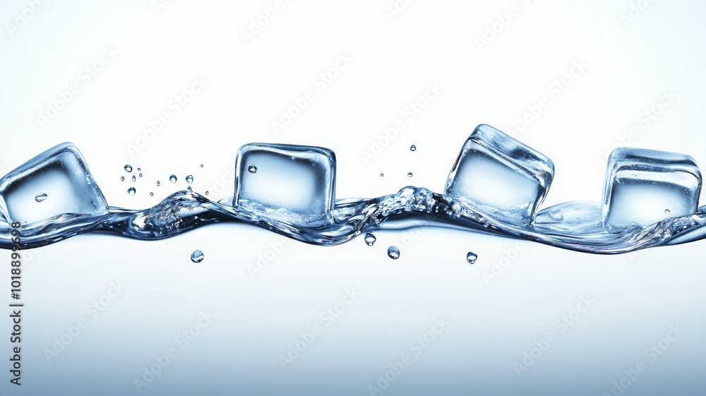 Poster clear ice cubes floating in water creating ripples under bright light