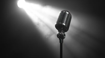 A microphone under a spotlight, symbolizing the essence performance, music, and public speaking.