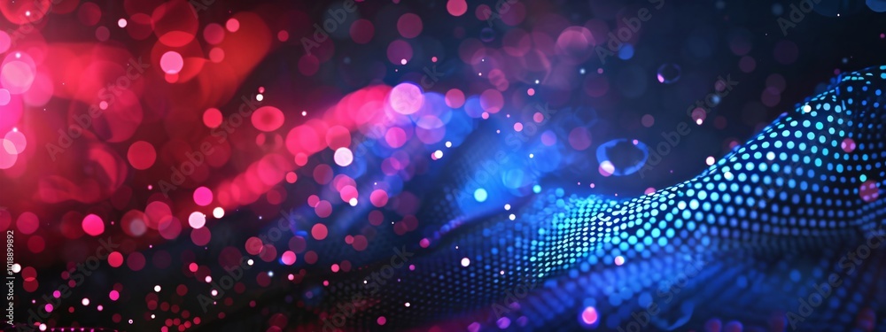 Poster futuristic abstract 3d red and blue flowing wave made of dots on black background. digital data stru