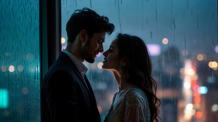 romantic couple smiling together at night while rain falls outside their bedroom window