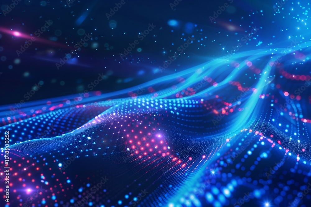 Poster futuristic abstract 3d red and blue flowing wave made of dots on black background. digital data stru