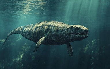 A Tullimonstrum rests motionless in the serene, sunlit waters of a tranquil lagoon, its intricate carapace blending seamlessly with the surrounding aquatic vegetation