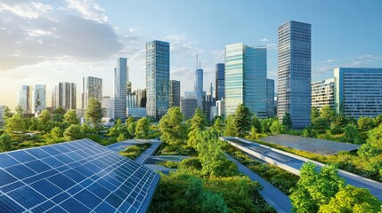 A modern city powered by renewable energy, highlighting sustainable urban development.