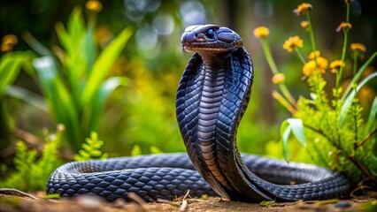 Fototapeta premium Majestic Black Cobra in Natural Habitat Displaying its Unique Features and Striking Appearance