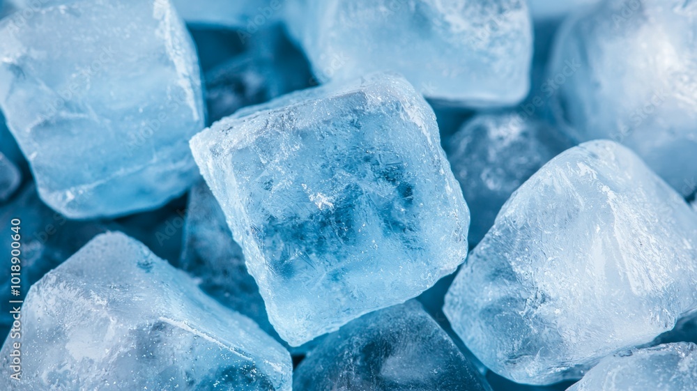 Poster ice cubes stacked in a blue background, creating a refreshing visual effect perfect for beverages
