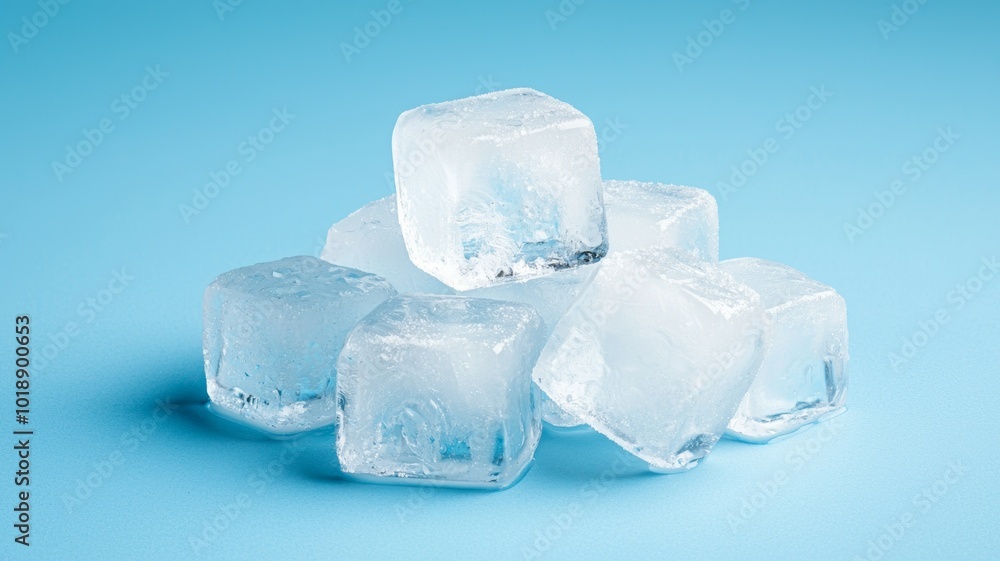 Poster clear ice cubes stacked on a blue background with soft lighting creating a refreshing appearance