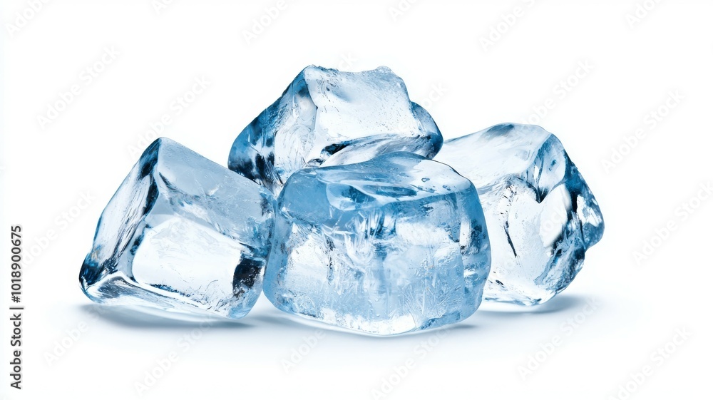 Poster transparent ice cubes stacked together on a plain surface with a smooth texture shining under soft l