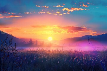 Fototapeta premium a vibrant sunrise illuminating a peaceful landscape for International Day of Light