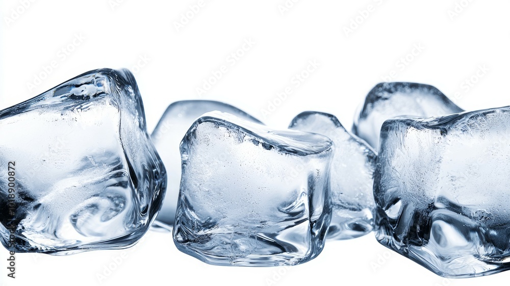 Poster Small ice cubes scattered on a white surface, creating a cool and refreshing visual effect