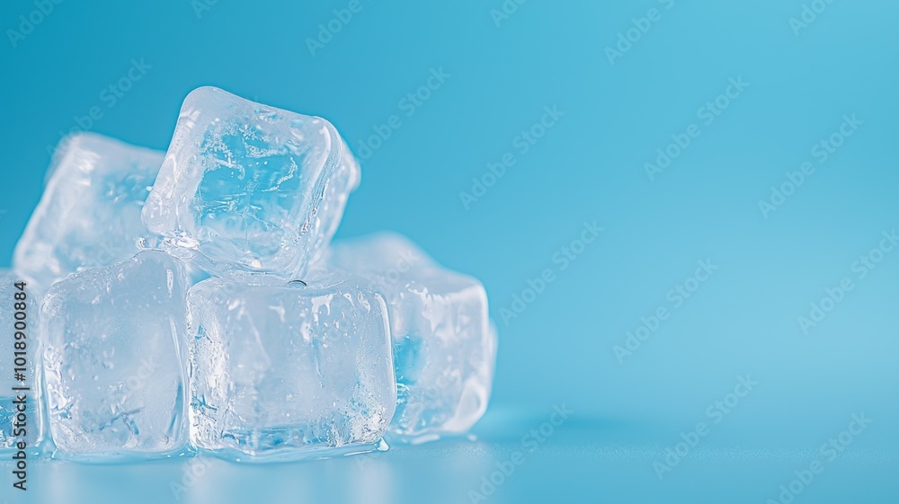 Poster clear ice cubes stacked on a blue background, creating a refreshing and cool visual effect in bright