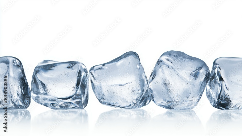 Poster clear ice cubes arranged neatly on a white background for a refreshing beverage presentation