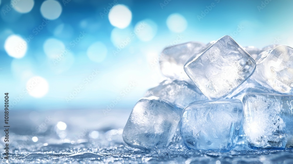 Poster clear ice cubes resting on a reflective surface with a soft blue background in a cool atmosphere