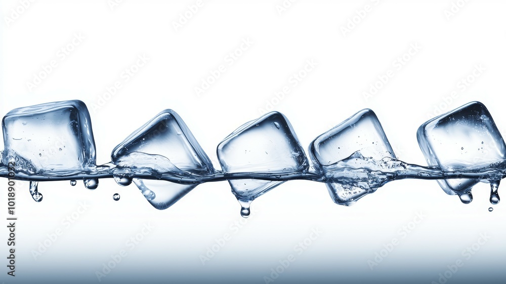 Poster ice cubes splashing through clear water creating ripples in a serene aquatic setting