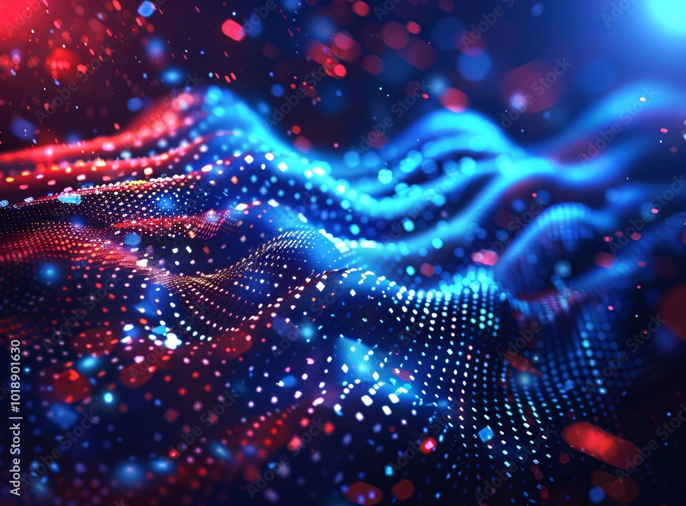 Poster futuristic abstract 3d red and blue flowing wave made of dots on black background. digital data stru
