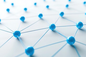 A network connected blue nodes on a white backdrop, symbolizing digital communication.