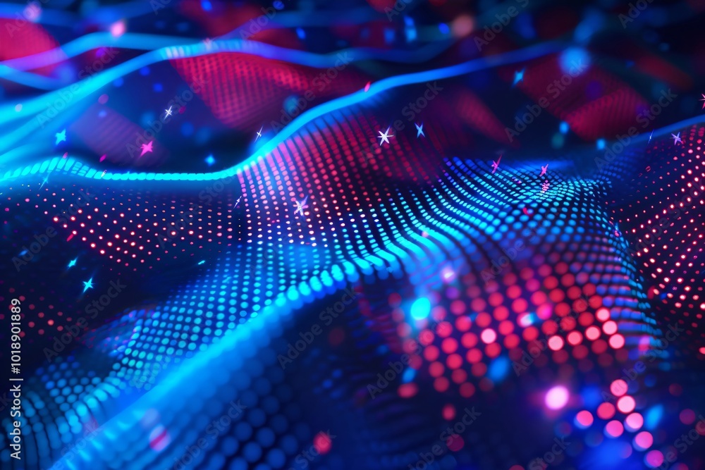 Poster futuristic abstract 3d red and blue flowing wave made of dots on black background. digital data stru