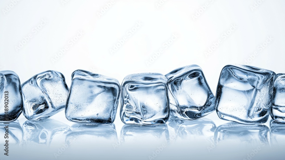 Poster clear ice cubes arranged neatly on a reflective surface against a light background
