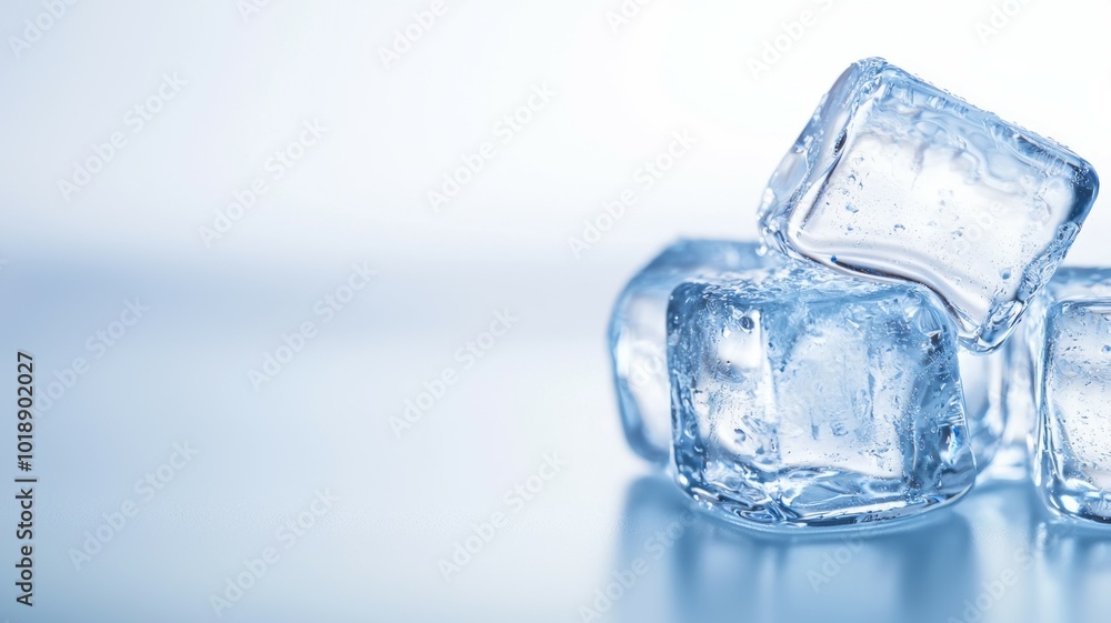 Aufkleber clear ice cubes resting on a reflective surface with a soft blue background in a calm setting
