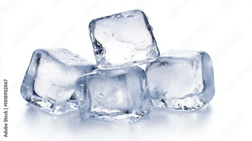 Poster clear ice cubes stacked on a reflective surface, creating a refreshing visual appeal