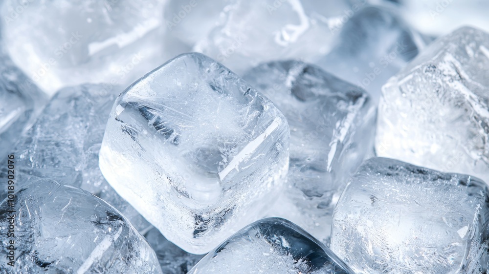 Poster clear ice cubes piled together showing texture and sparkle in a cool setting