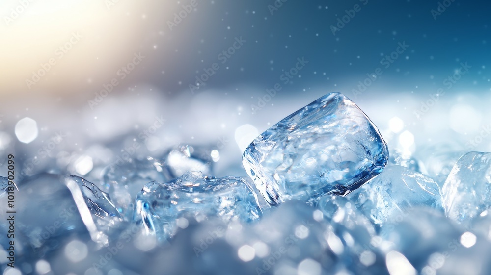 Poster close-up of sparkling ice cubes resting on a bed of crushed ice in a cool setting with soft lighting