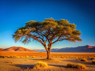Naklejka premium Majestic Desert Acacia Tree Against a Clear Blue Sky in Arid Landscape of the Desert Environment