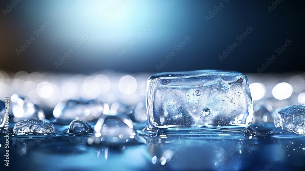 Poster close-up of melting ice cube on reflective surface with droplets in low light setting