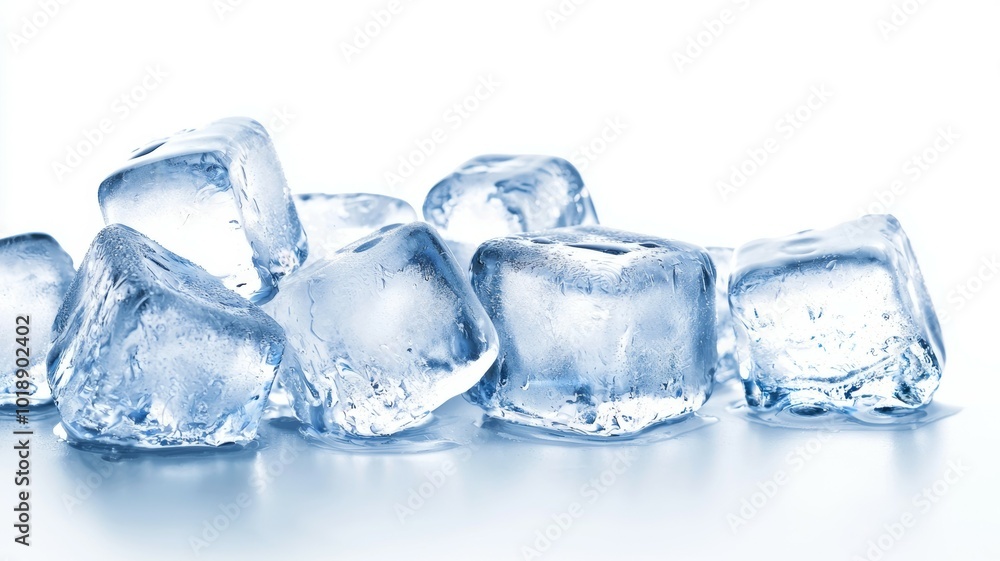 Canvas Prints Clear ice cubes scattered on a reflective surface illuminated by soft light indoors