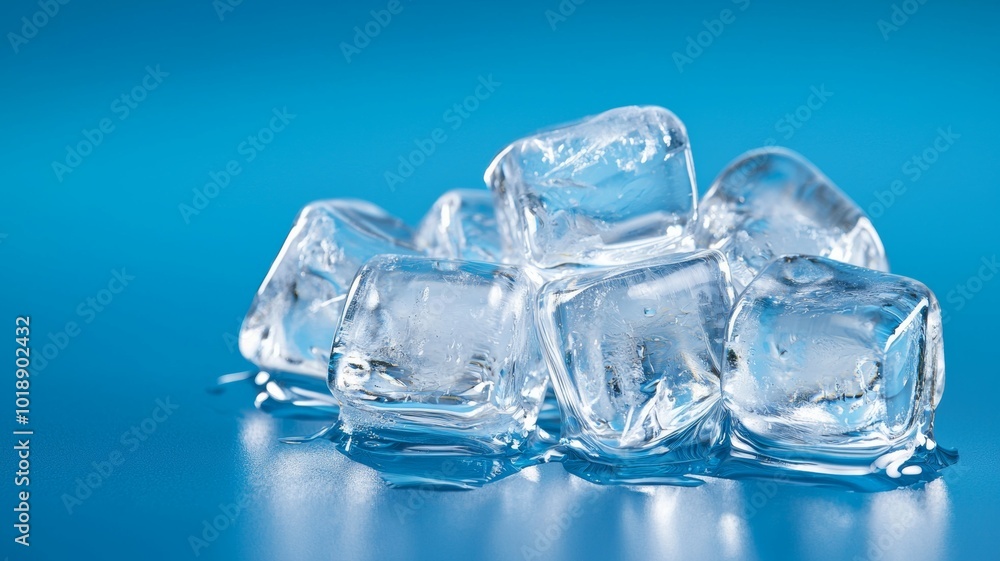 Poster clear ice cubes melting on a bright blue surface creating a refreshing visual effect