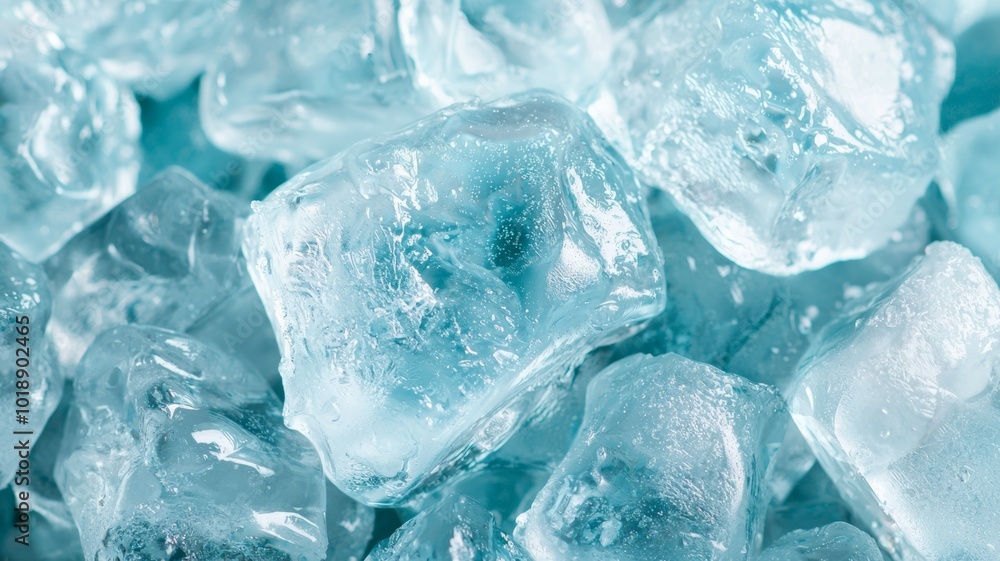 Poster close-up of clear ice cubes reflecting light in a cool setting on a bright surface