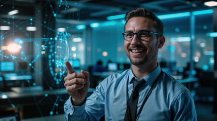 Smiling businessman interacts with futuristic hologram in modern office, showcasing innovation and technological advancement in corporate environment