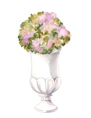 Watercolor illustration of delicate lilac flowers in stone vase in antique style isolated on white background. Landscape design of park and home garden