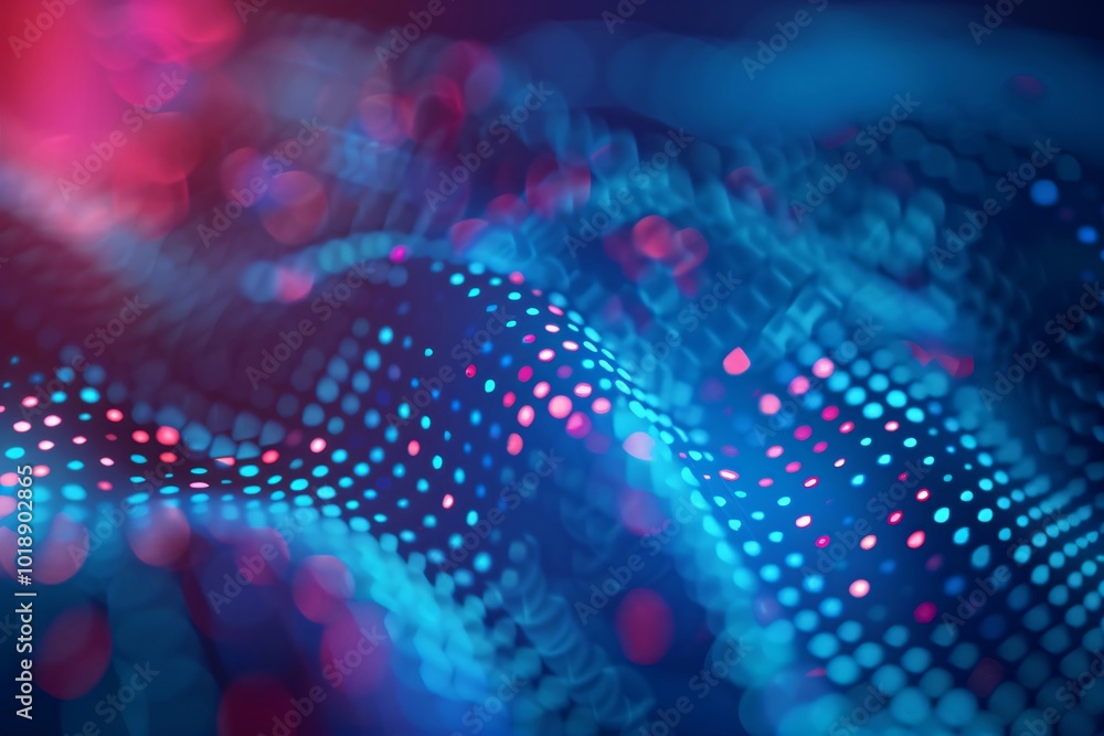 Poster futuristic abstract 3d red and blue flowing wave made of dots on black background. digital data stru