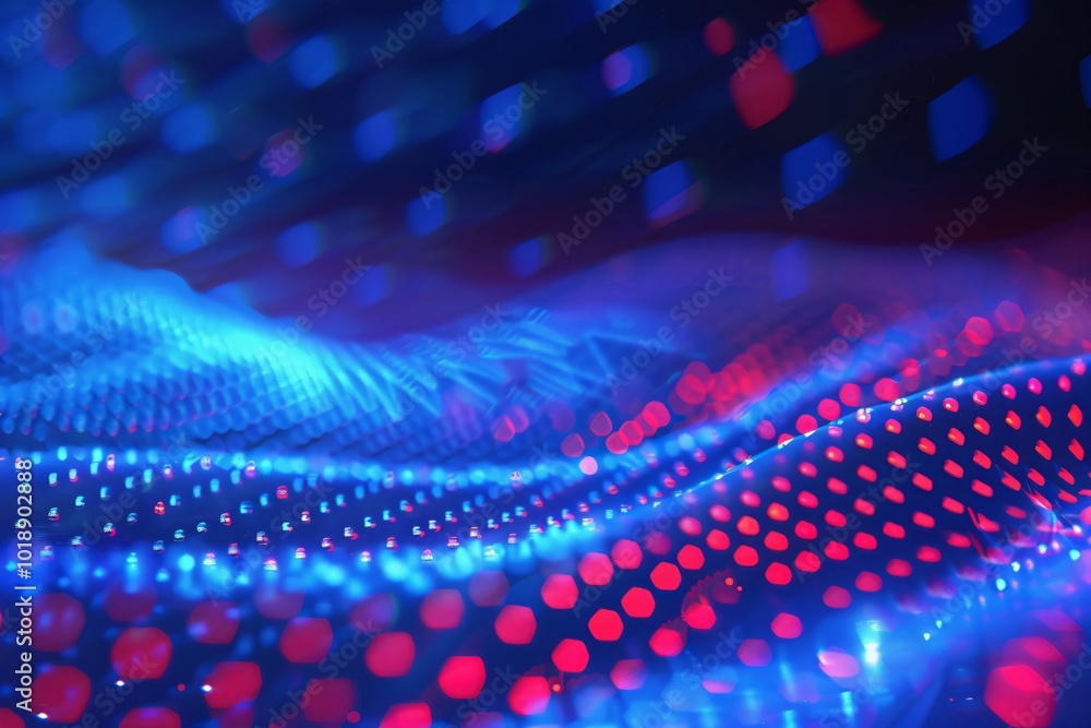Poster futuristic abstract 3d red and blue flowing wave made of dots on black background. digital data stru