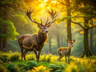 Majestic Elk and Graceful Deer Roaming Freely in Lush Green Forest Landscape During Golden Hour