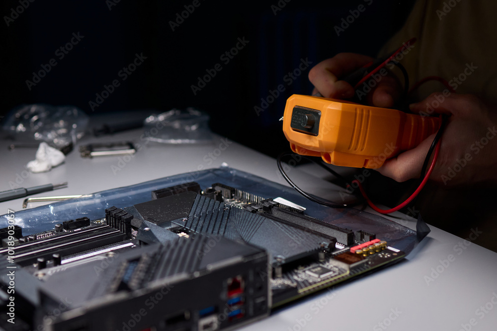 Poster Hands Engaged in Working with Various Electronic Components and Multimeter Testing Processes