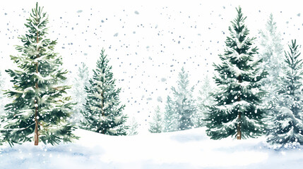 Obraz premium Winter evergreen forest landscape illustration on white background. watercolor pine and spruce trees with falling snow. christmas card design. snowy woods backdrop. Snowy Pine Forest. Illustration