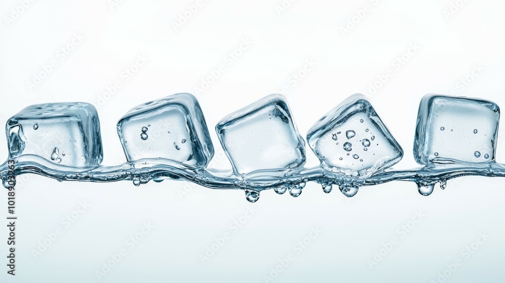 Poster ice cubes floating in clear water creating ripples and bubbles for a refreshing visual effect