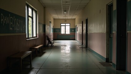 Fototapeta premium Vacant school corridorgym locker area