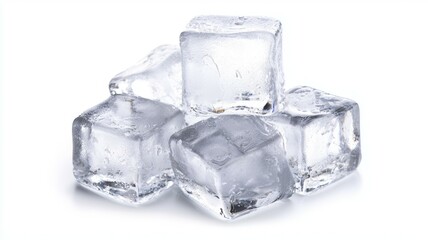 Ice cubes piled together on a white background, highlighting their clarity and geometric shape