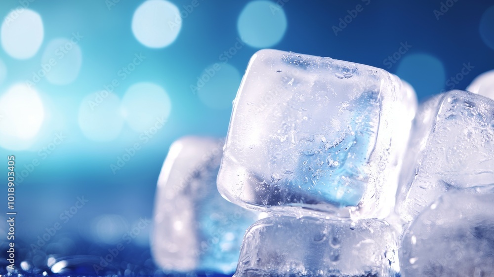 Poster ice cubes glistening on a reflective surface with a soft blue background creating a cool atmosphere