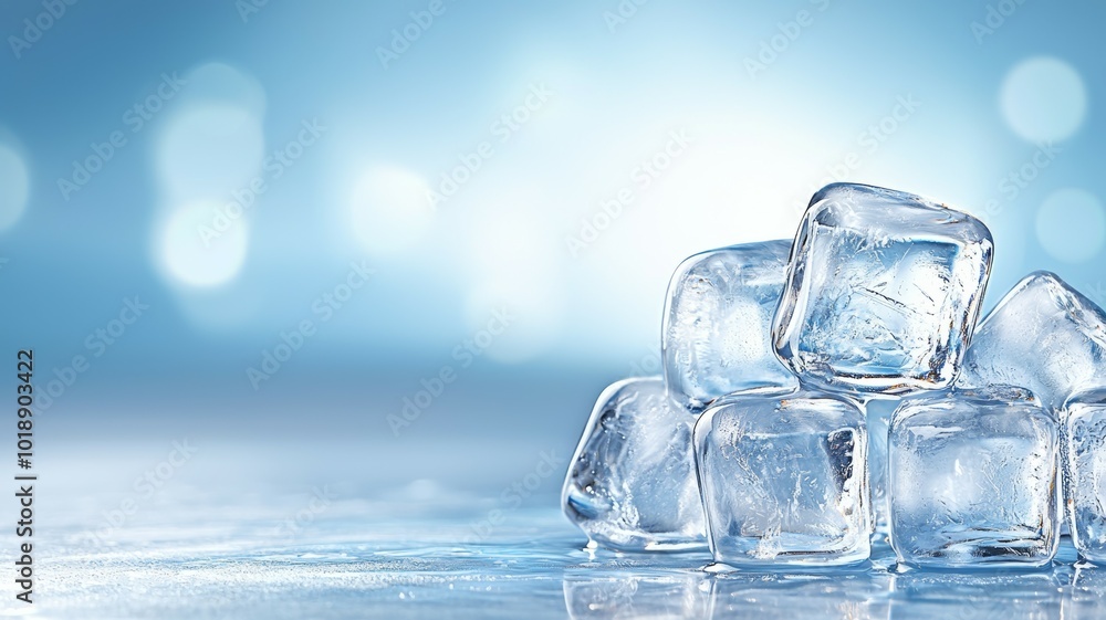 Poster fresh ice cubes stacked on a reflective surface with a soft blue background in a cool summer setting